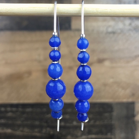Lapis or Sodalite Crystal Stone Bead Wire Sterling Silver Earrings - Picture 2 of 6